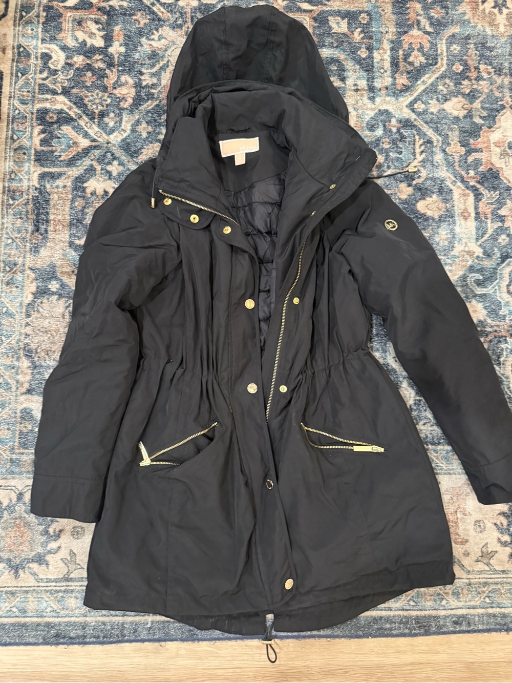 Michael Kors Black Hooded Puffer Coat with Gold Hardware